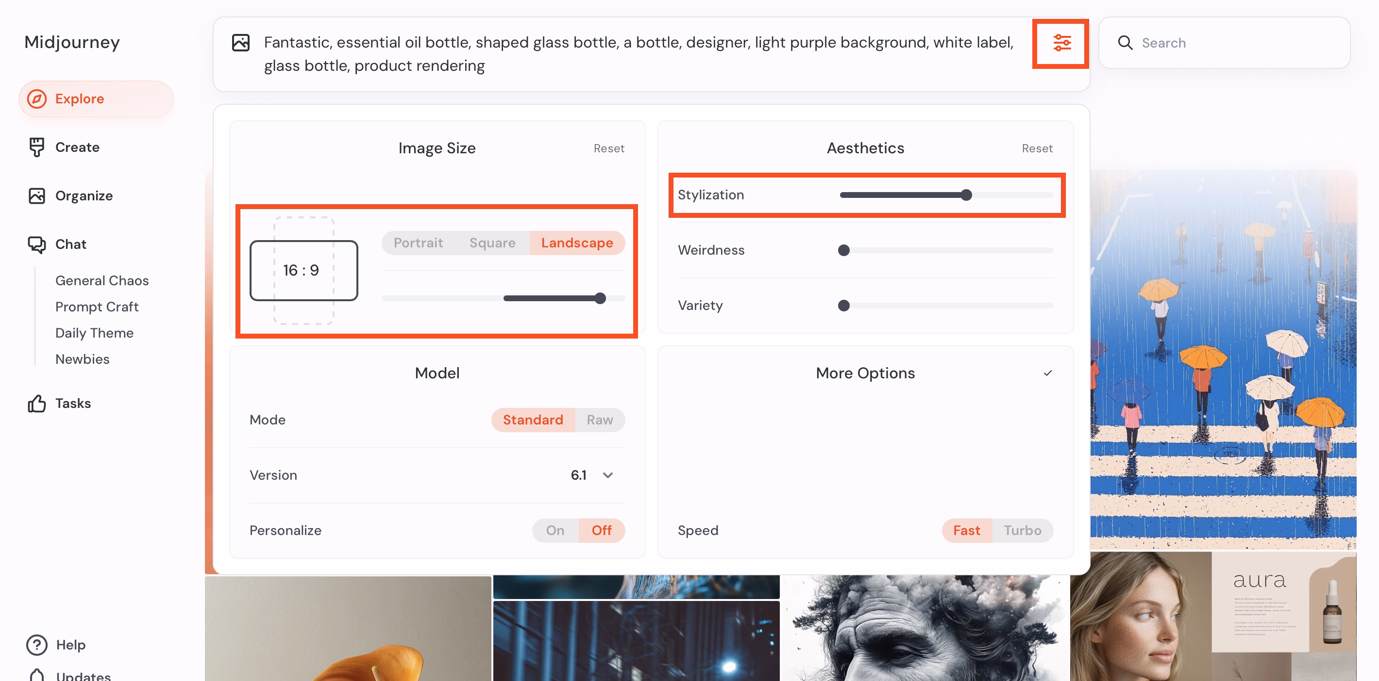 미드저니에서 크기를 16:9, 스타일라이제이션을 600으로 설정해주세요.