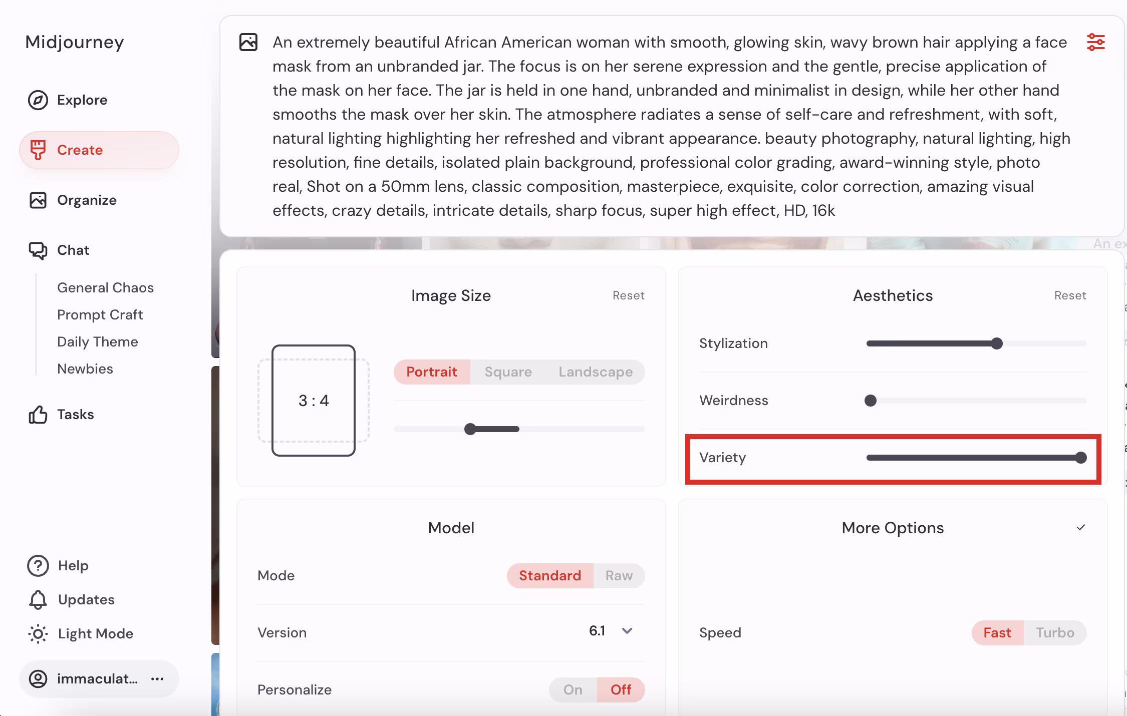미드저니 버라이어테:100 세팅법