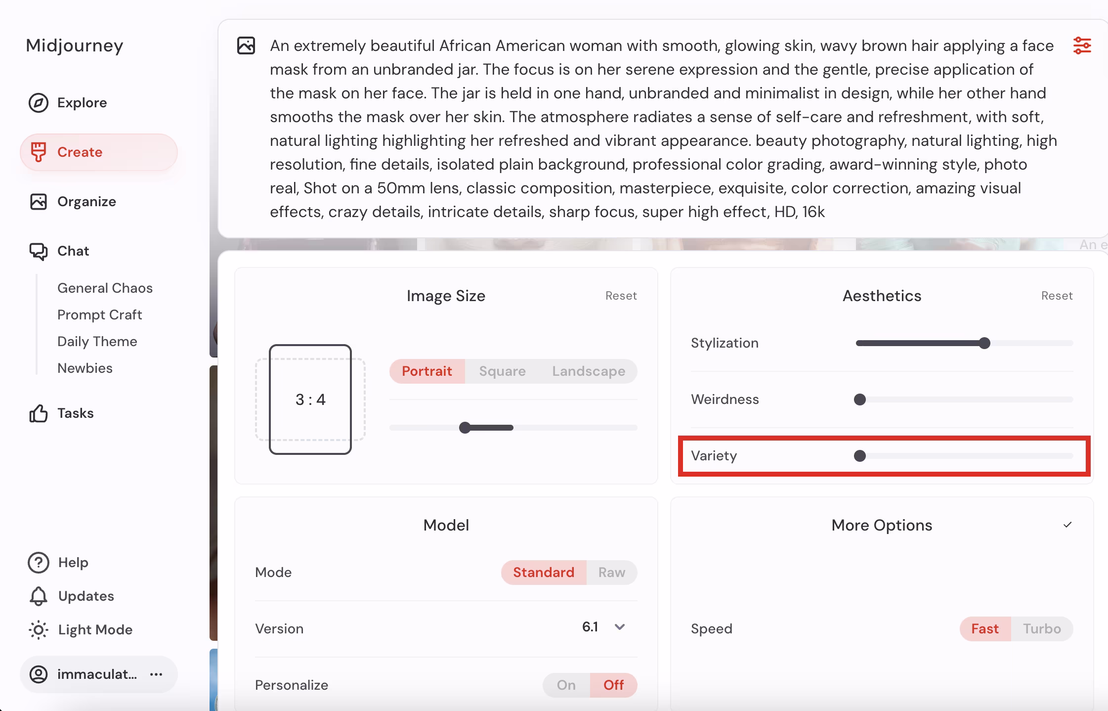 미드저니 버라이어티:0 세팅법