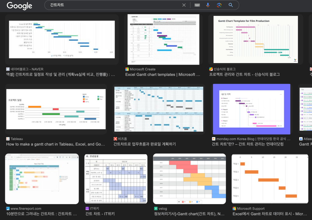 구글에서 검색되는 다양한 간트차트 예시